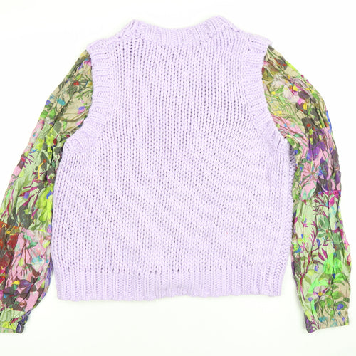 Next Women Purple Chunky-Knit Floral Sleeve Jumper M