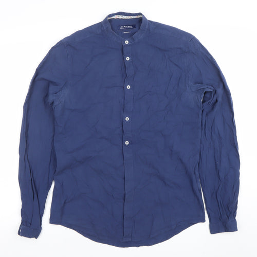 Zara Man Men’s Blue Relaxed Fit Linen Band Collar Long Sleeve Shirt M
