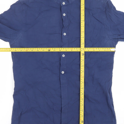 Zara Man Men’s Blue Relaxed Fit Linen Band Collar Long Sleeve Shirt M