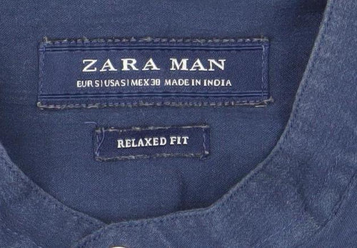 Zara Man Men’s Blue Relaxed Fit Linen Band Collar Long Sleeve Shirt M
