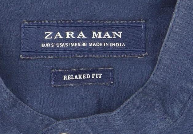 Zara Man Men’s Blue Relaxed Fit Linen Band Collar Long Sleeve Shirt M