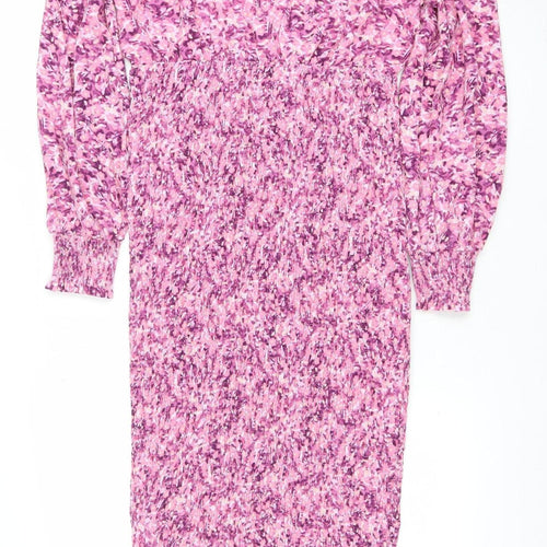Boohoo Women’s Pink Floral Bodycon Midi Dress Size 12 Long Sleeve