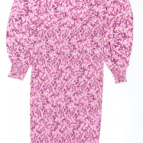Boohoo Women’s Pink Floral Bodycon Midi Dress Size 12 Long Sleeve