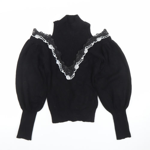 TU Women Black Lace Trim Cold Shoulder Puff Sleeve Jumper M