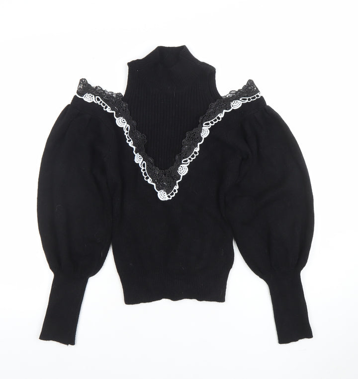 TU Women Black Lace Trim Cold Shoulder Puff Sleeve Jumper M