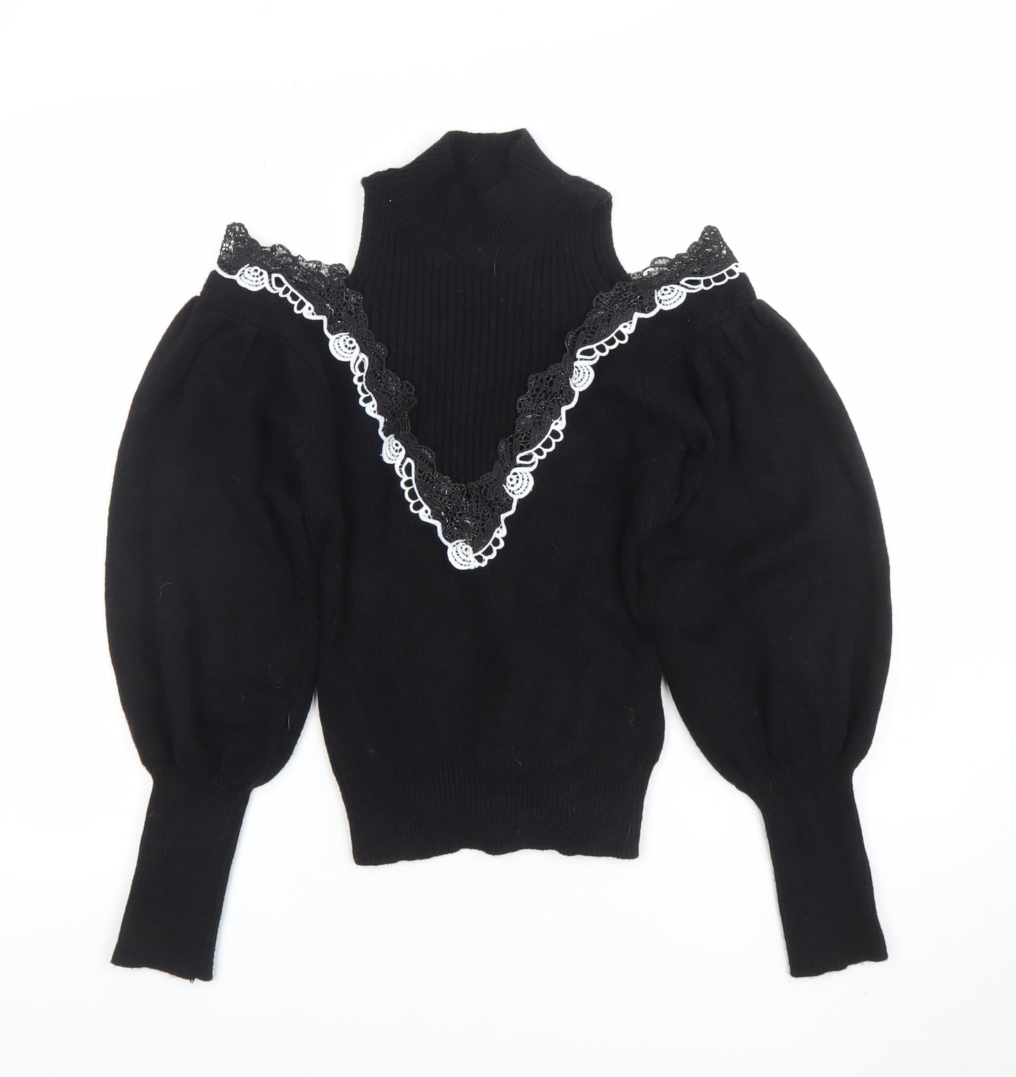 TU Women Black Lace Trim Cold Shoulder Puff Sleeve Jumper M