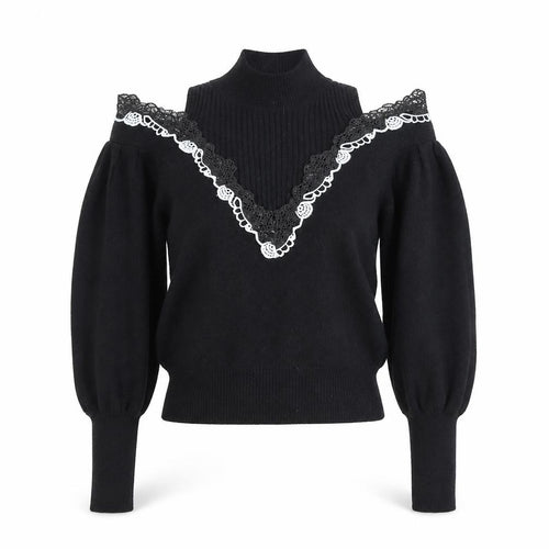 TU Women Black Lace Trim Cold Shoulder Puff Sleeve Jumper M