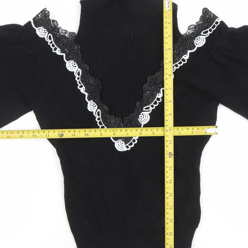 TU Women Black Lace Trim Cold Shoulder Puff Sleeve Jumper M