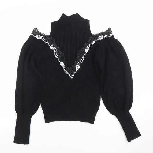 TU Women Black Lace Trim Cold Shoulder Puff Sleeve Jumper M