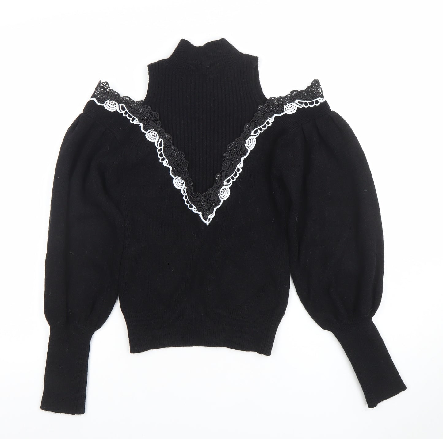 TU Women Black Lace Trim Cold Shoulder Puff Sleeve Jumper M