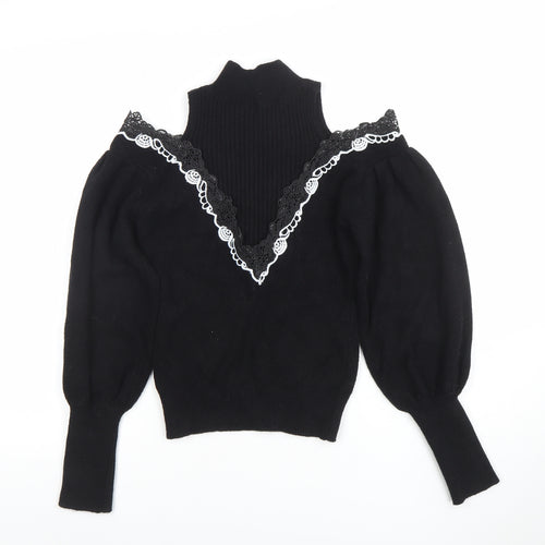 TU Women Black Lace Trim Cold Shoulder Puff Sleeve Jumper M