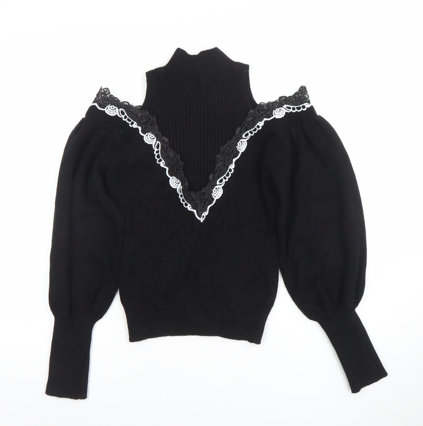 TU Women Black Lace Trim Cold Shoulder Puff Sleeve Jumper M