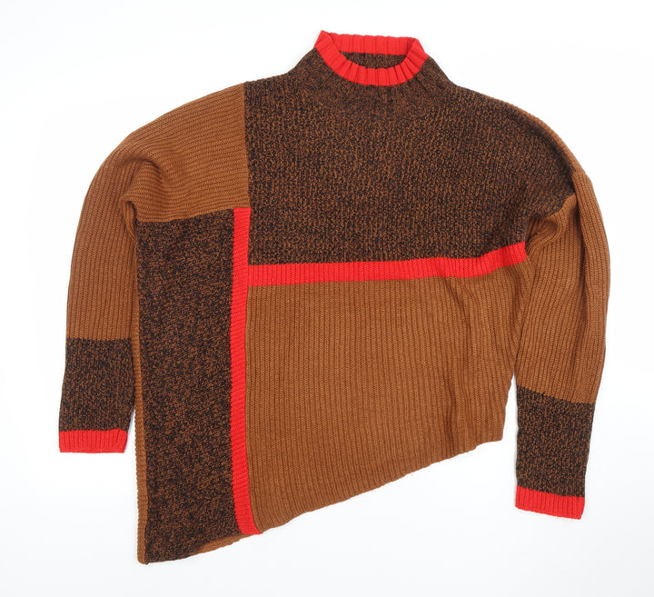 Next Womens Brown Mock Neck Geometric Chunky Knit Jumper Size S
