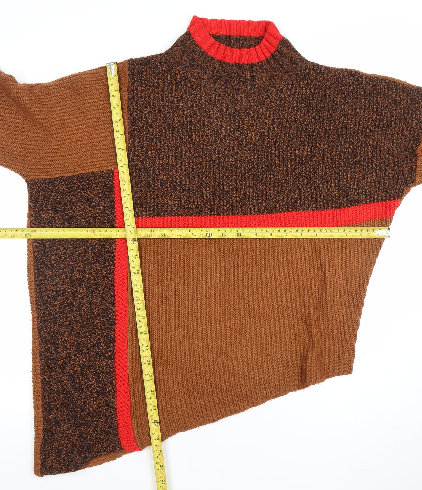Next Womens Brown Mock Neck Geometric Chunky Knit Jumper Size S