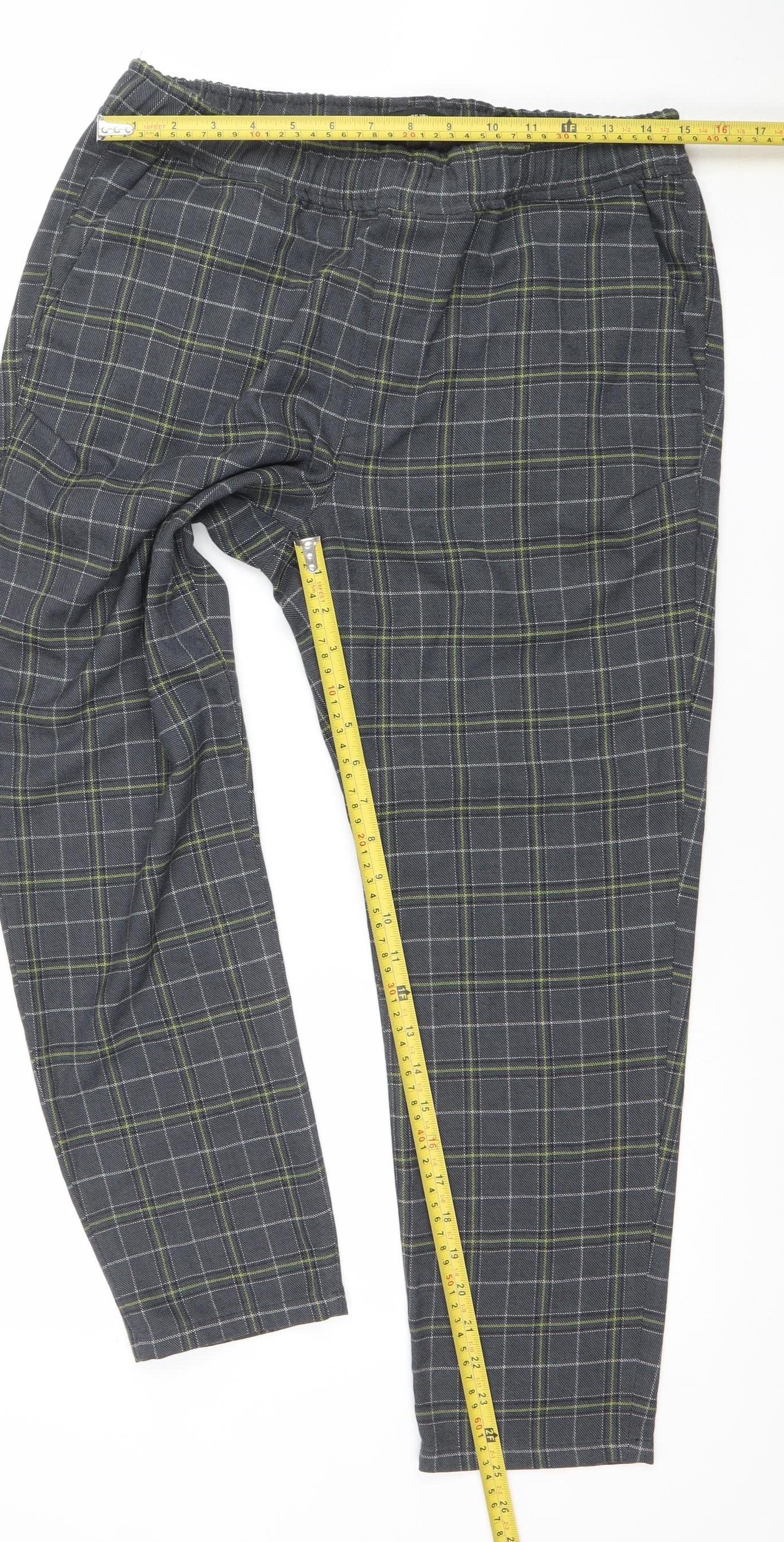 ZARA Womens Grey Check Chino Trousers Size M Elastic Waist