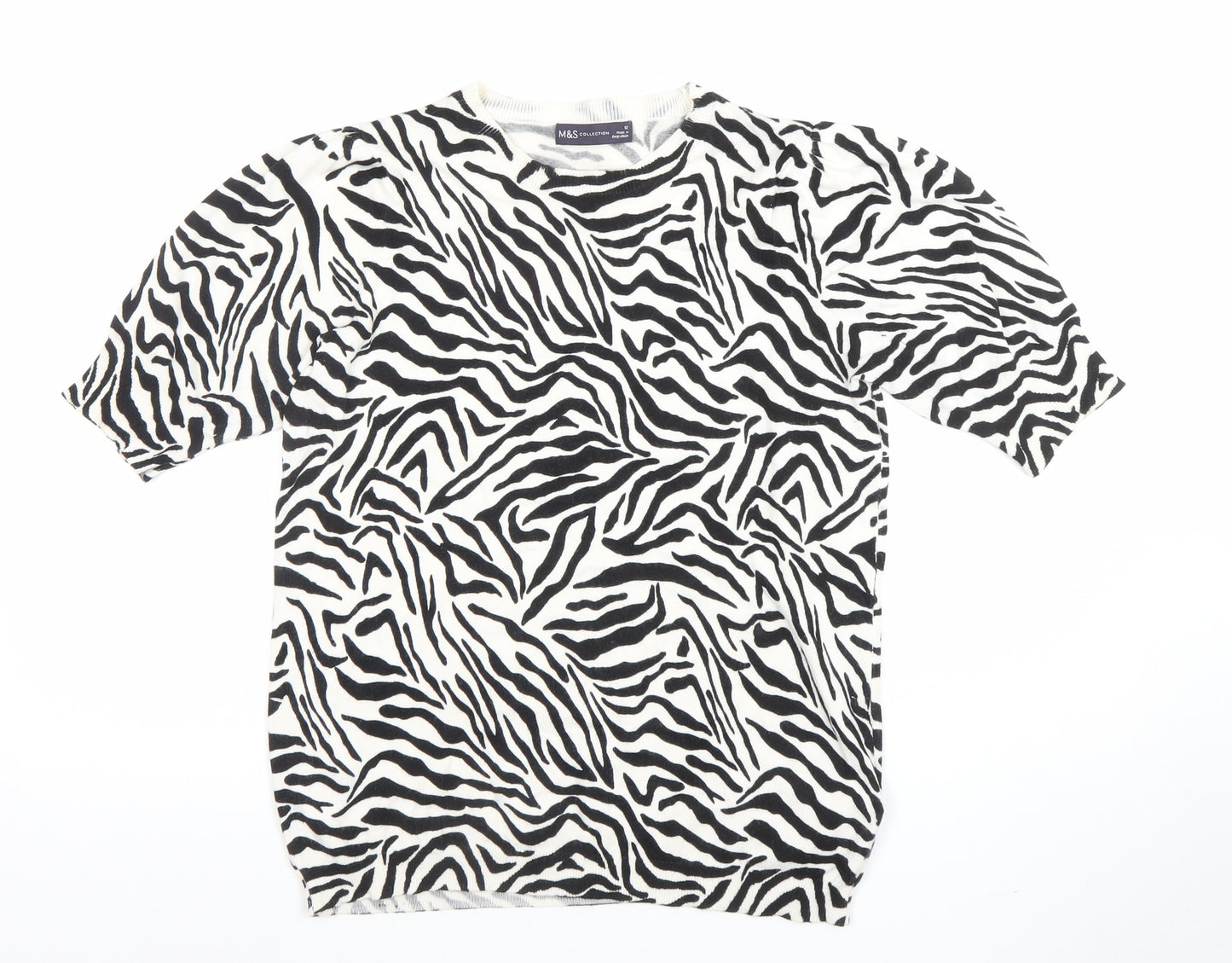 Marks and Spencer Womens Black Zebra Animal Print Knit T-Shirt Size 12