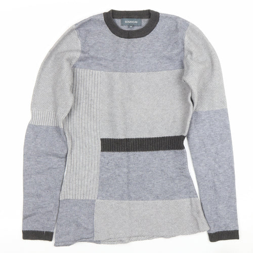 Sosandar Women’s Grey Patchwork Long Sleeve Crew Neck Jumper Size 10