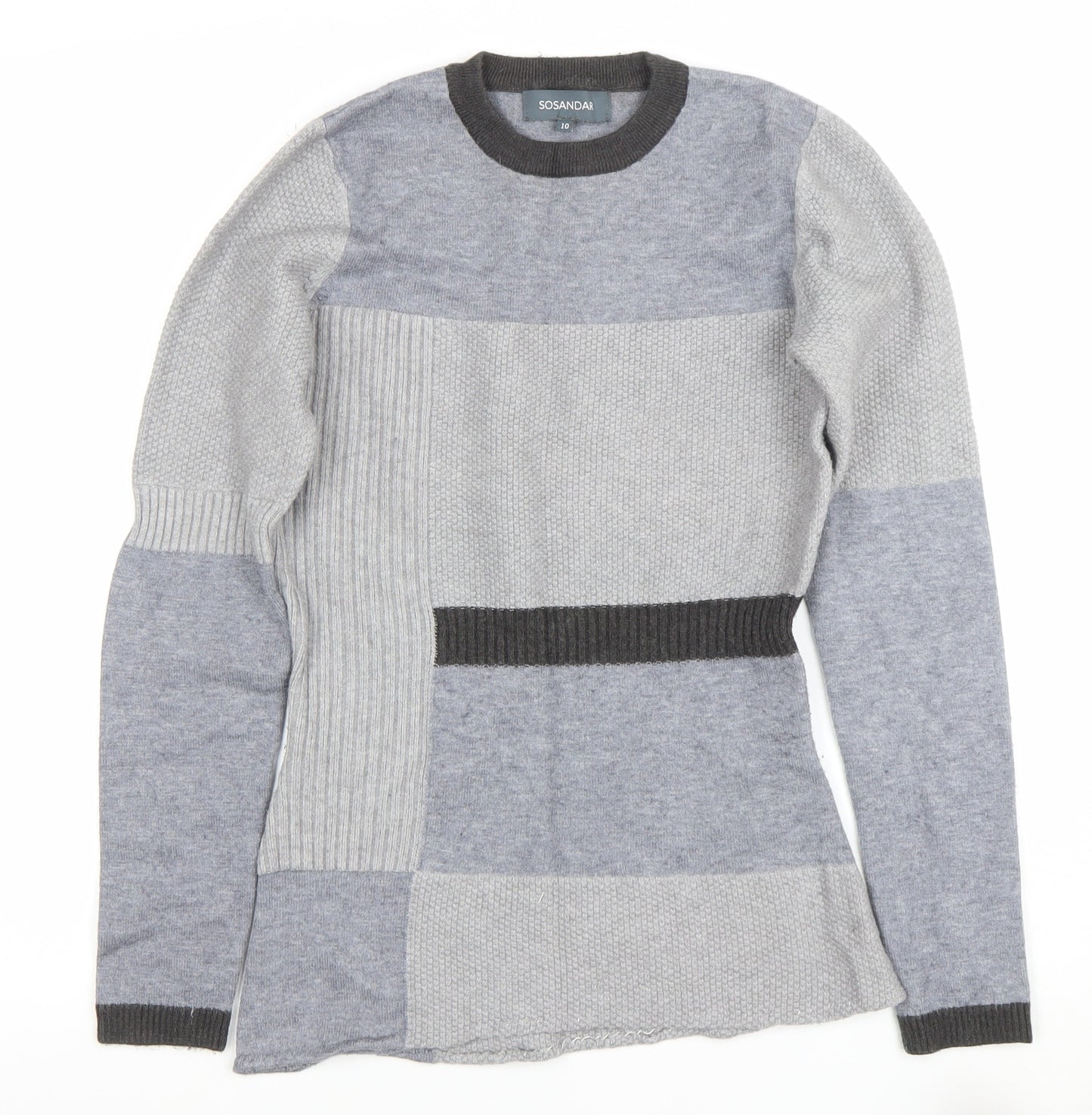 Sosandar Women’s Grey Patchwork Long Sleeve Crew Neck Jumper Size 10