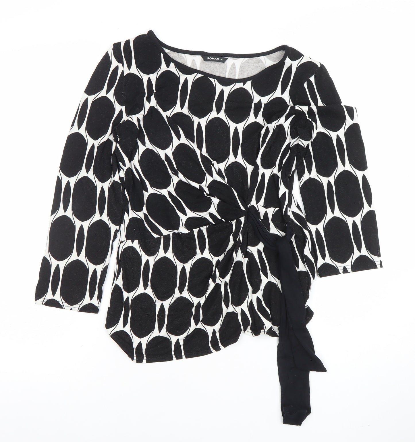 Roman Women Black White Wrap Blouse Size 10 Long Sleeve Geometric Top