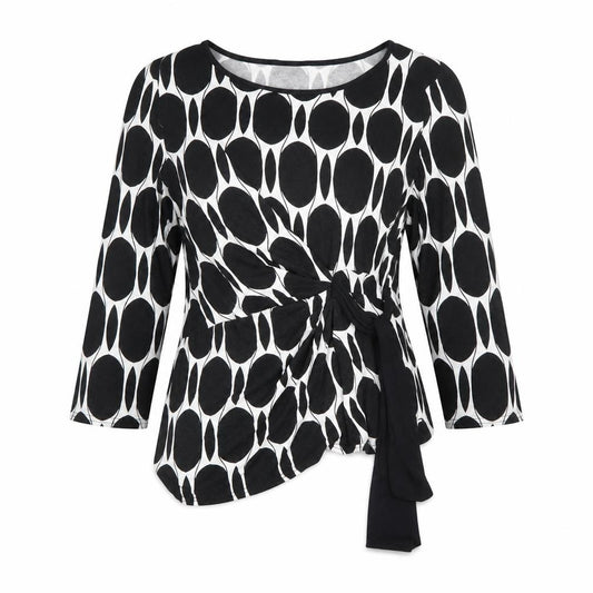 Front view of Roman Women Black White Wrap Blouse, size 10, Long Sleeve Geometric Top