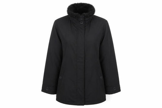 Front view of Casual Comfort Women's Black Faux Fur Collar Button Coat, size 12
