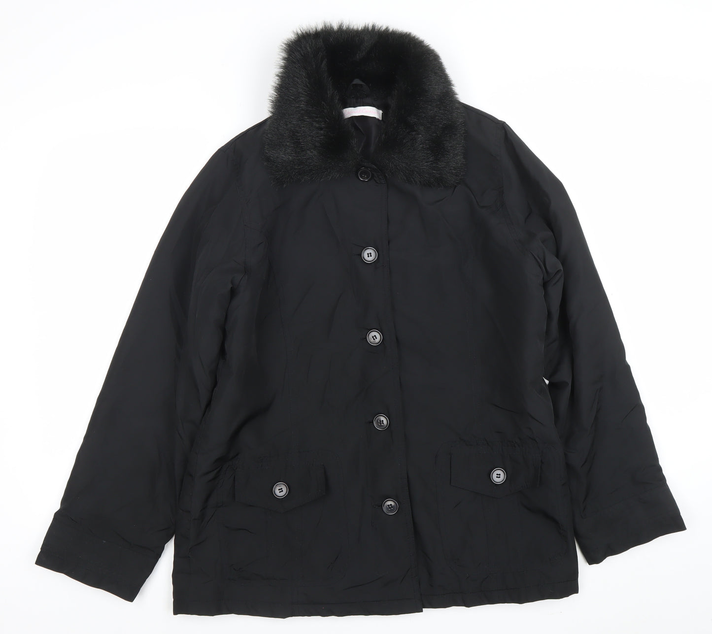 Casual Comfort Women's Black Faux Fur Collar Button Coat Size 12