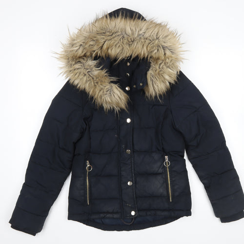 Topshop Women’s Navy Fur Hooded Puffer Jacket Size 6