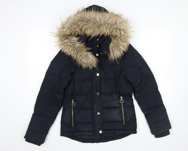 Topshop Women’s Navy Fur Hooded Puffer Jacket Size 6