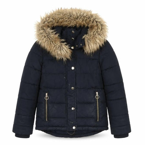 Topshop Women’s Navy Fur Hooded Puffer Jacket Size 6