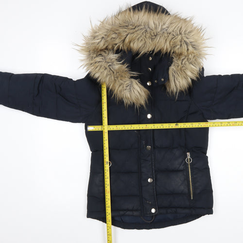 Topshop Women’s Navy Fur Hooded Puffer Jacket Size 6