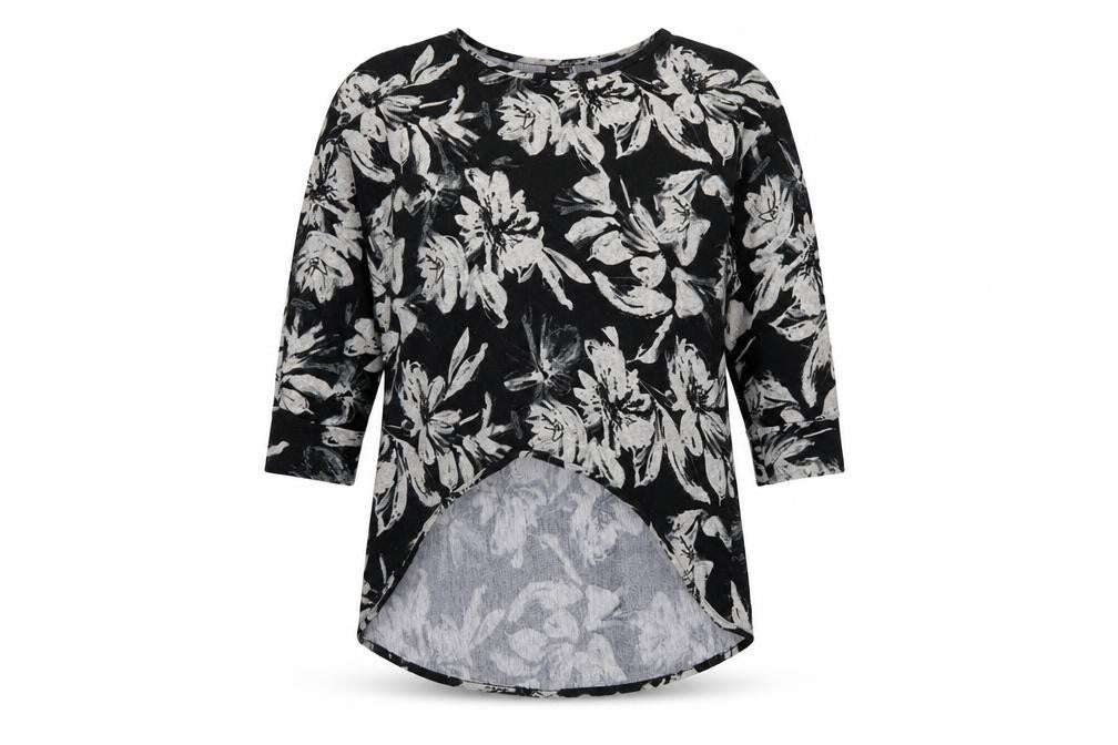 Izabel London Women’s Black Floral Tunic Top Size 12 Relaxed Fit 3/4 Sleeve