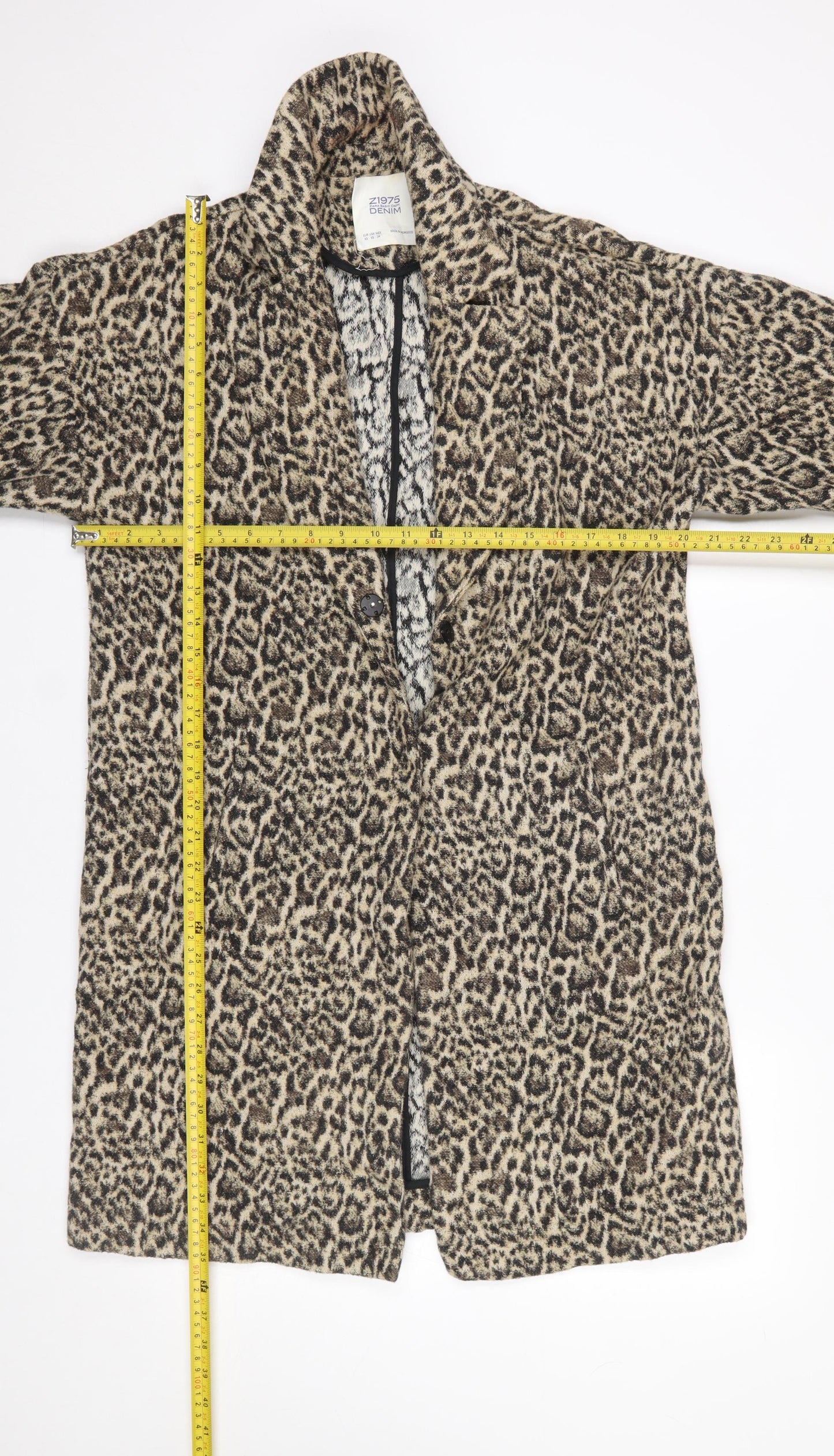 Zara Women Leopard Print Long Coat XS Wool Blend Single Breasted