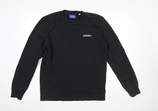Jack & Jones Men's Black L Crew Neck Sweatshirt Logo Cotton Blend