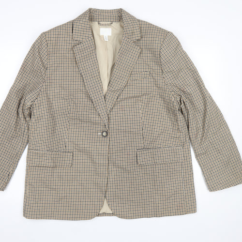 H&M Women’s Beige Checked Blazer Jacket Size L Regular Fit Single-Breasted