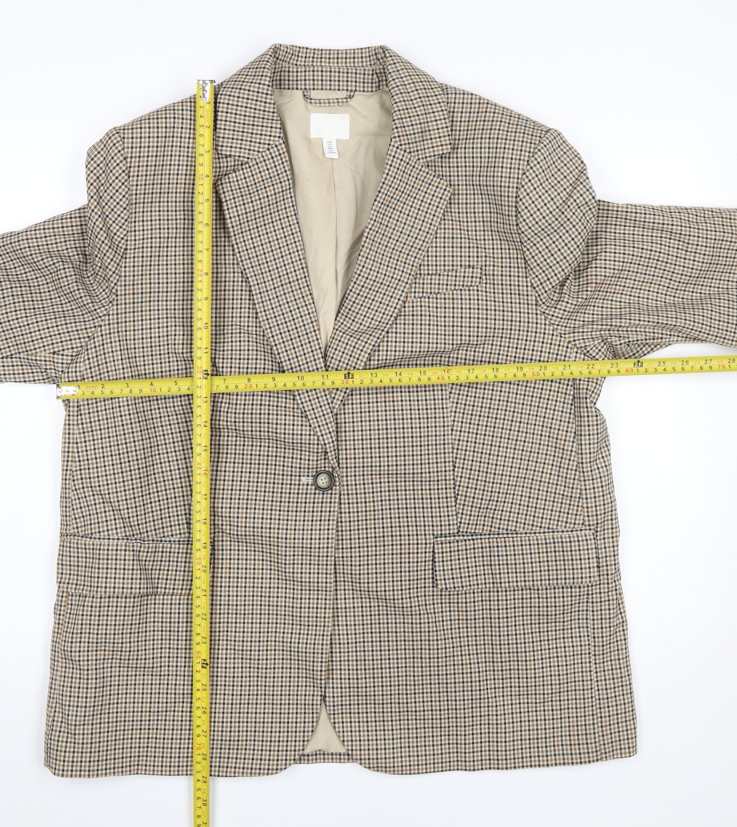 H&M Women’s Beige Checked Blazer Jacket Size L Regular Fit Single-Breasted