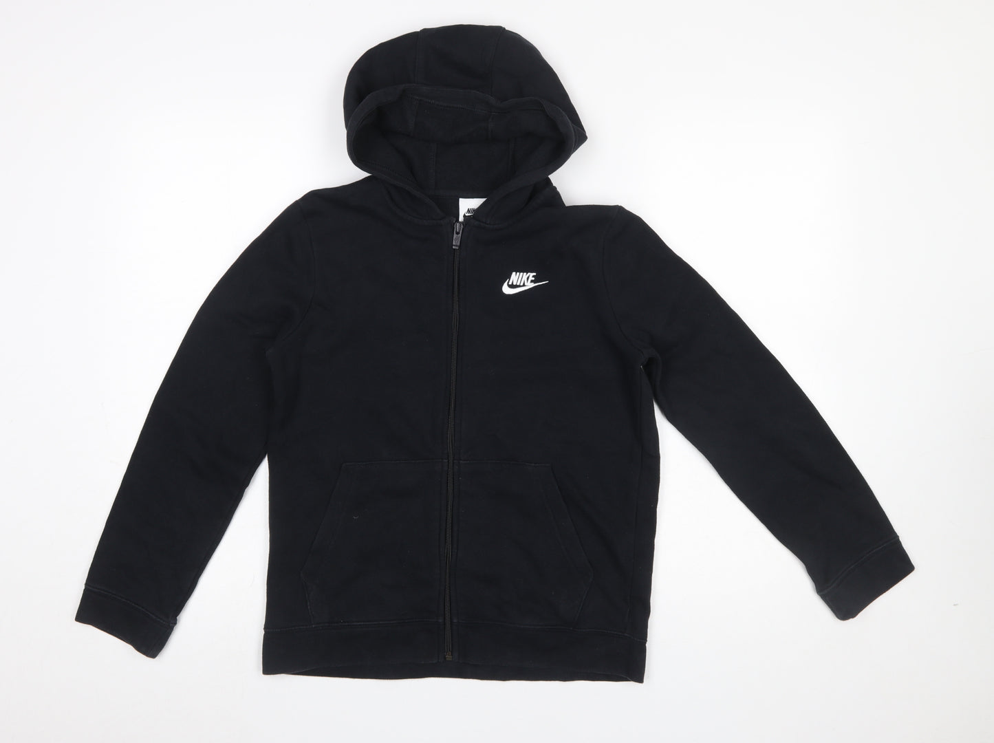 Nike Boys Black Full Zip Hoodie Size 158cm Fleece Cotton Blend