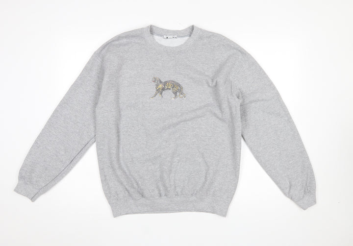 Topshop Women Grey Tiger Embroidered Pullover Sweatshirt M