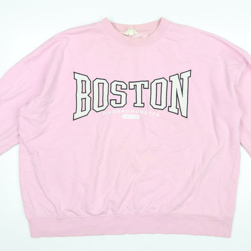 H&M Women Pink Boston Graphic Pullover Sweatshirt L Cotton Blend
