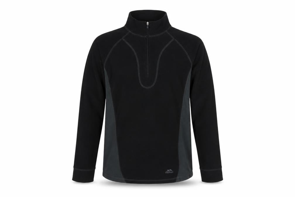 Front view of Trespass men’s black fleece 1/4 zip pullover sweatshirt, size M