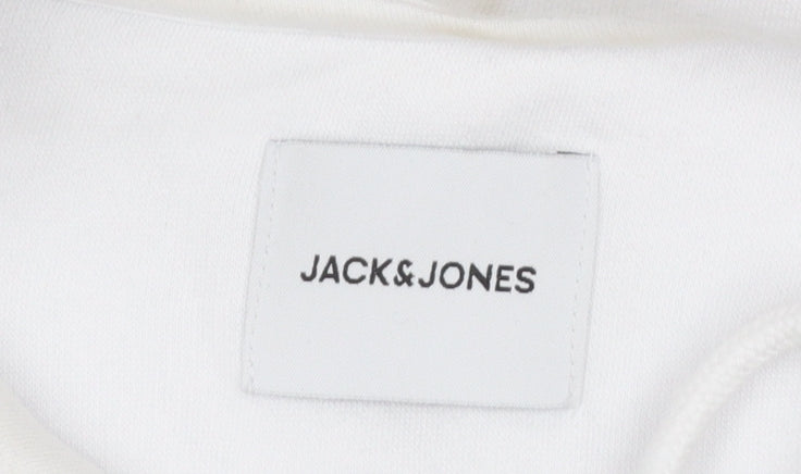 Jack & Jones Mens White Hoodie Medium Pullover Logo Design