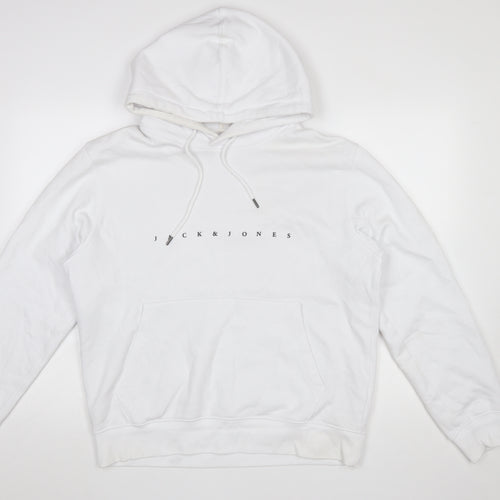Jack & Jones Mens White Hoodie Medium Pullover Logo Design