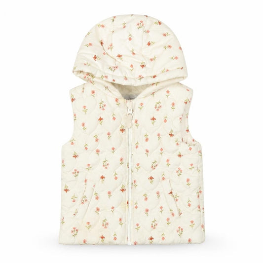 Front view of George girls’ ivory floral quilted hooded puffer jacket 9-12 months