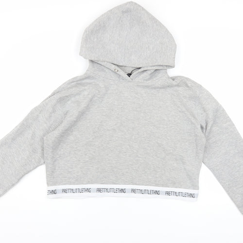 PrettyLittleThing Women’s Grey Cropped Hoodie Size M Pullover Logo Trim