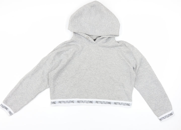 PrettyLittleThing Women’s Grey Cropped Hoodie Size M Pullover Logo Trim