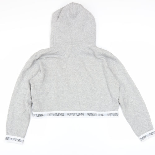 PrettyLittleThing Women’s Grey Cropped Hoodie Size M Pullover Logo Trim
