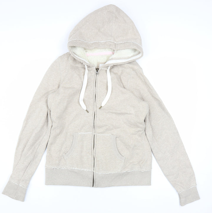 H&M L.O.G.G Women Beige Hooded Full Zip Cotton Jacket Size 14