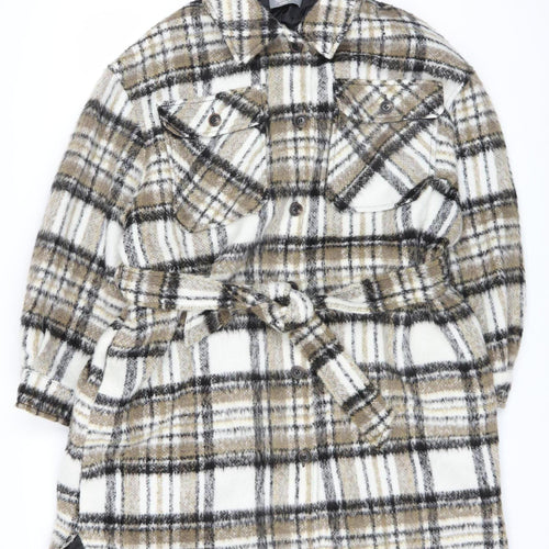 Nutmeg Women Beige Check Belted Mid-Length Coat Size 16
