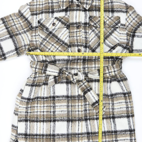 Nutmeg Women Beige Check Belted Mid-Length Coat Size 16