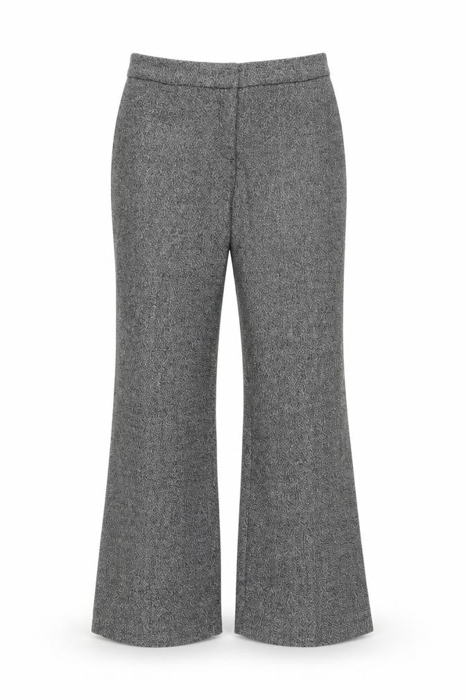 Front view of H&M women’s grey flared wool blend tweed trousers, size UK 8