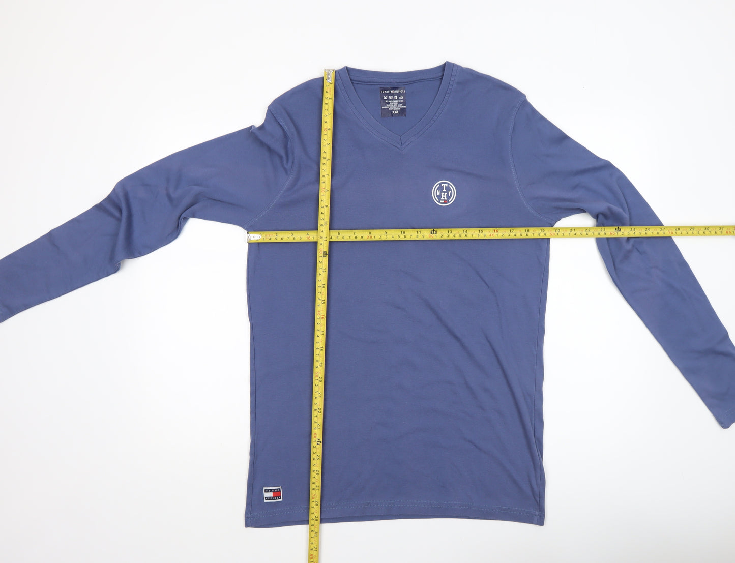 Tommy Hilfiger Men's Blue 2XL Long Sleeve V-Neck Cotton Top